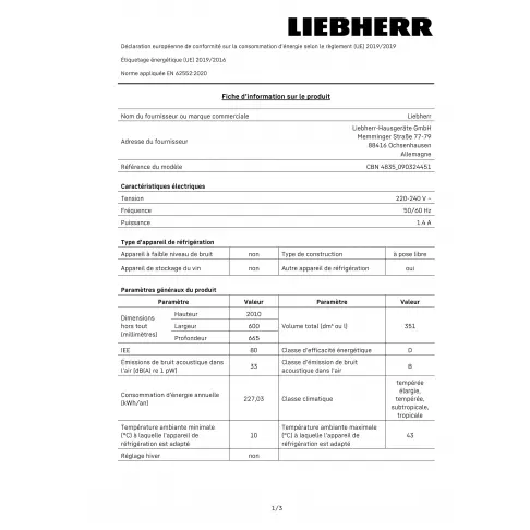 Réfrigérateur combiné inversé LIEBHERR CBN 4835-21 - 2