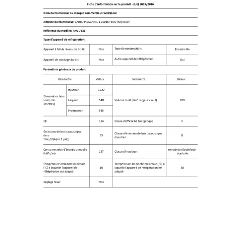 Réfrigérateur intégré 1 porte WHIRLPOOL ARG7531 - 4