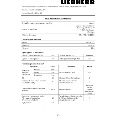 Réfrigérateur intégrable 1 porte LIEBHERR IRBD4551-20 - 2