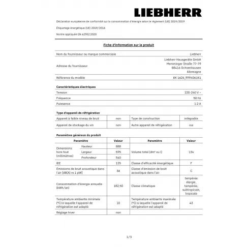 Réfrigérateur intégrable 1 porte LIEBHERR EK 1624-21 - 2