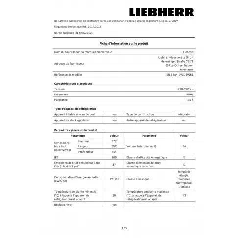 Congélateur intégré LIEBHERR IGN1664-21 - 2