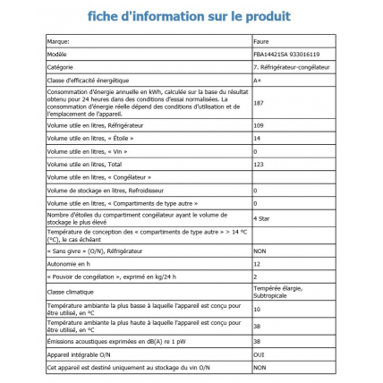 Refrigerateur Integrable 1 Porte Faure Fba 14421 Sa Mda