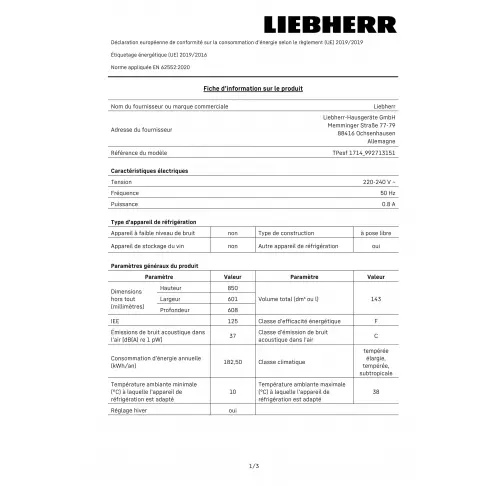 Réfrigérateur table top LIEBHERR TPESF1714-22 - 2