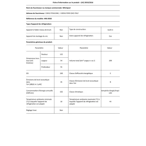Réfrigérateur intégré 1 porte WHIRLPOOL ARG8502 - 2