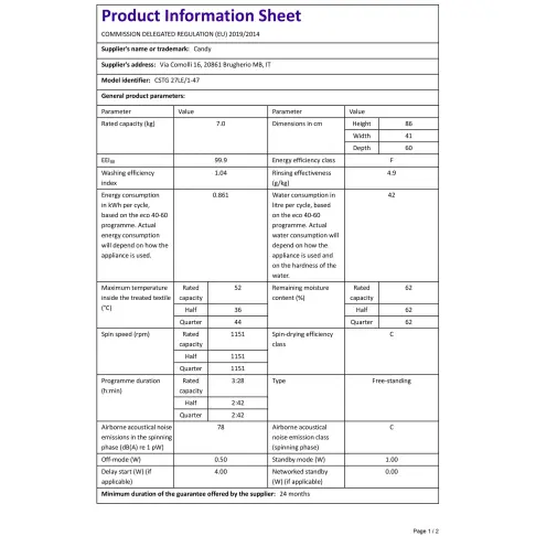 Lave-linge top CANDY CSTG27LE1-47 - 2