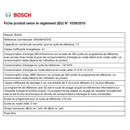 Lave Vaisselle 60cm Bosch Sms 46 Aw 01 E Mda