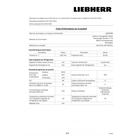Combiné inversé LIEBHERR CND5704-20 - 2
