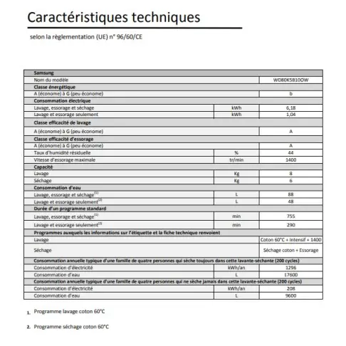 Lave linge sechant SAMSUNG WD 80 K 5 B 10 OW - 3