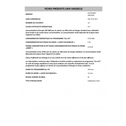 Lave Vaisselle Tout Integre 60cm Hotpoint Ariston Hio 3 T 21 We Mda