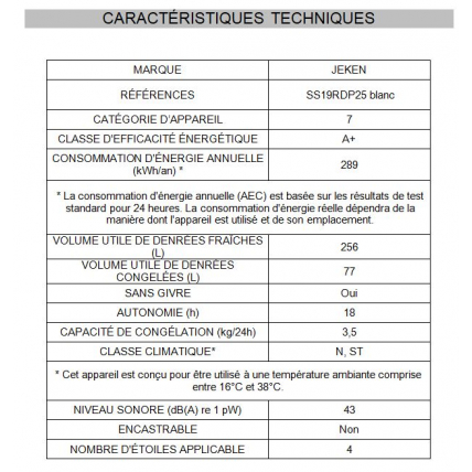 Refrigerateur 2 Portes Jeken Ss 19 Rdp 25 Mda