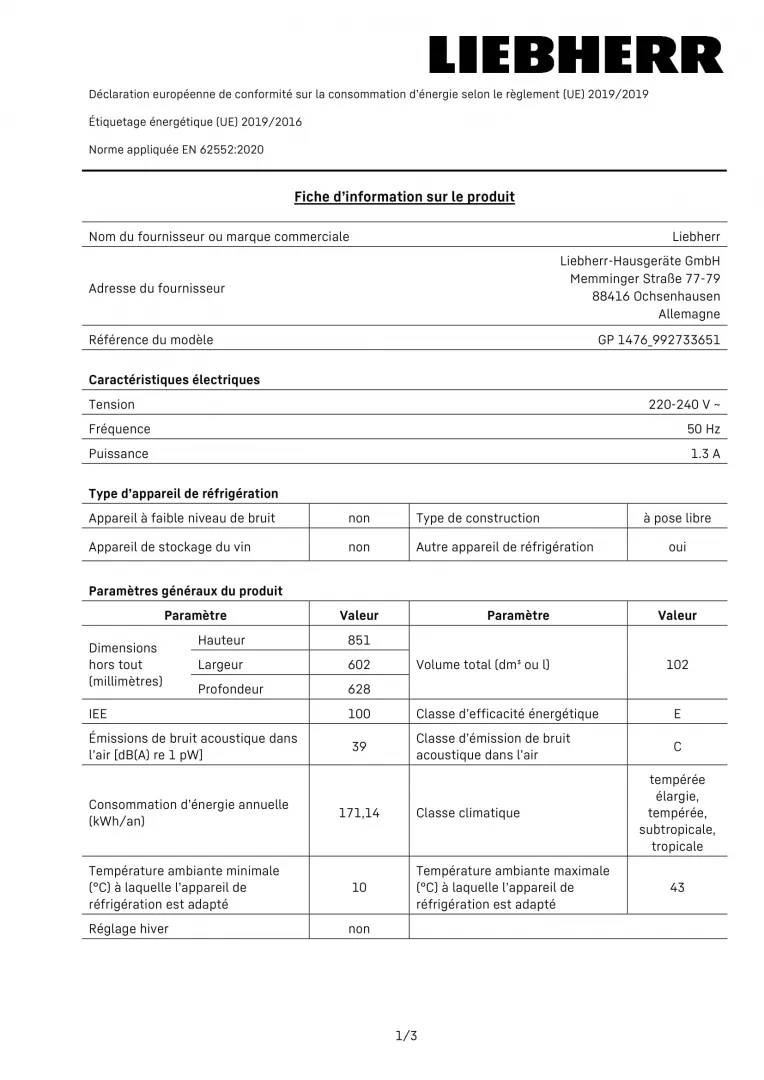 GPesf1476-21 LIEBHERR Congélateur armoire pas cher ✔️ Garantie 5 ans OFFERTE